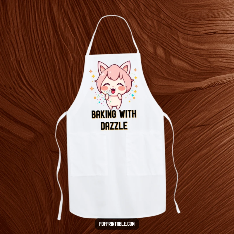 Funny Kawaii glitter apron depicting a happy character blowing a stream of shimmering glitter, designed to add magic to culinary creations.