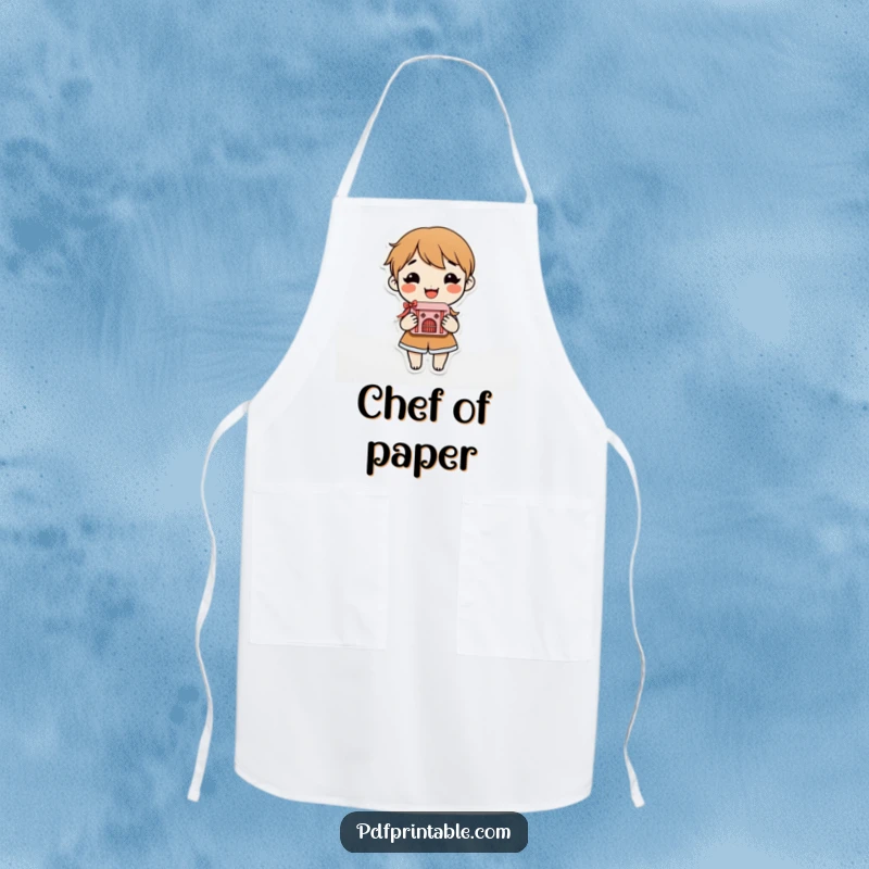 Funny Apron showing a smiling character proudly holding a beautiful, intricate finished paper craft, perfect for cooking or crafting.