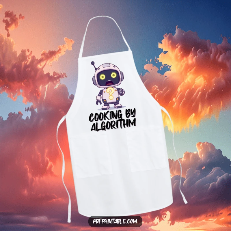 Funny Apron featuring a surprised robot character holding a large, glowing question mark, ready for kitchen experiments.