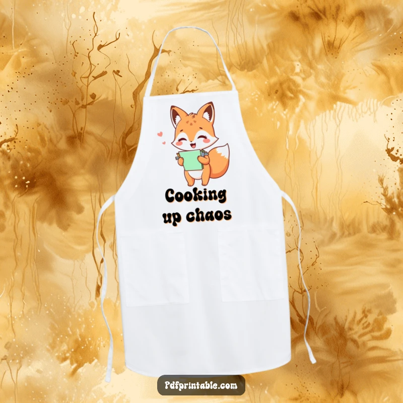 Funny kawaii fox giggling with a stack of papers, featured on this practical and amusing kitchen apron.