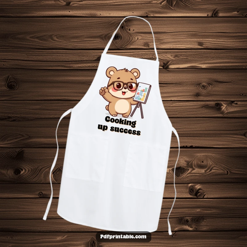 Funny bear character in glasses pointing at a chart, on a cooking apron, ideal funny gift.