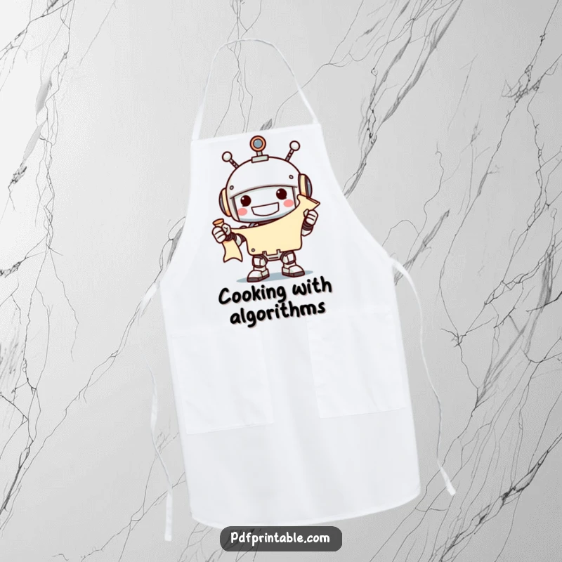 Funny grinning robot holding an unfurled scroll with a smile, on a cooking apron, ideal funny gift.