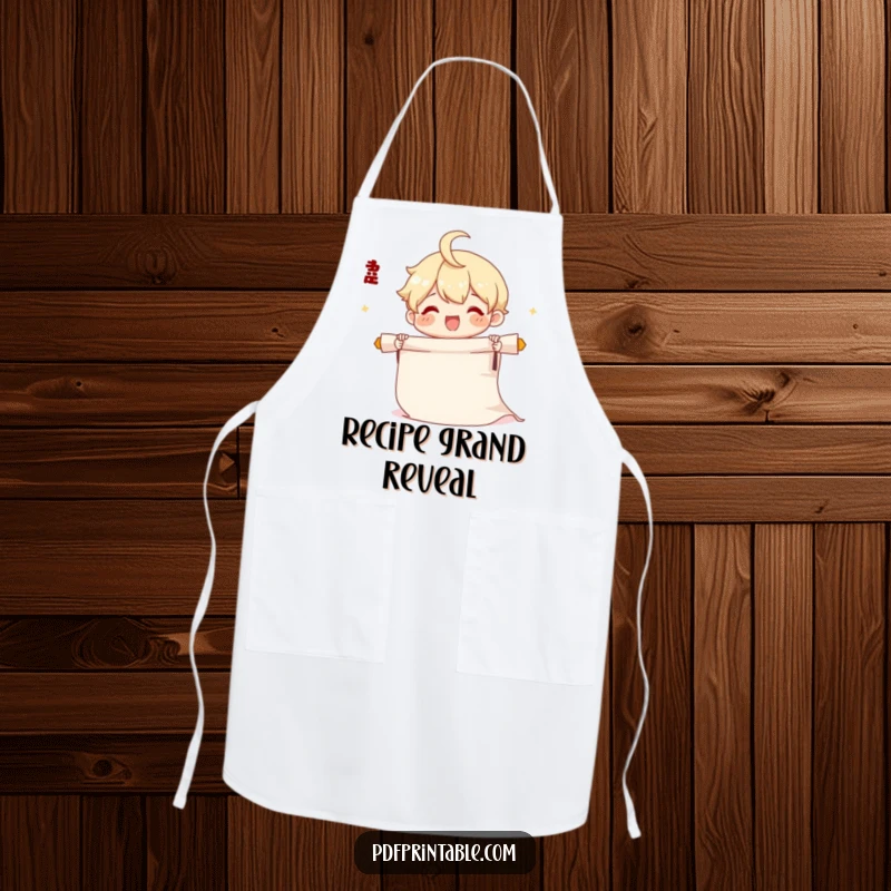 Funny Scroll Apron showing a cute character joyfully unrolling a long scroll, perfect for creative endeavors.