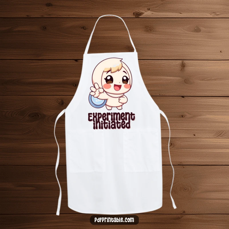Funny apron featuring an excited character about to press a button, perfect for cooking and kitchen activities, a great funny gift.