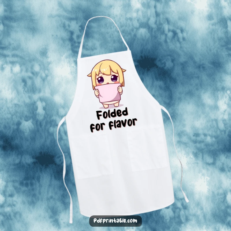 Funny Folded Shape Apron showing a character with a surprised expression holding up a perfectly folded shape, perfect for creative endeavors.