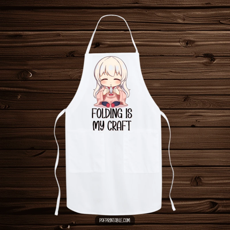 Funny Apron showing a character with deep concentration, carefully folding a tiny paper crane, perfect for culinary or craft artists.