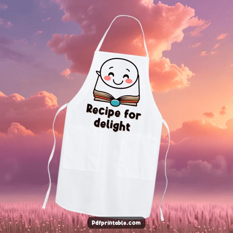 Funny Apron: A chef's apron featuring a happy book character with a smiling face in a speech bubble, perfect for kitchen reads.