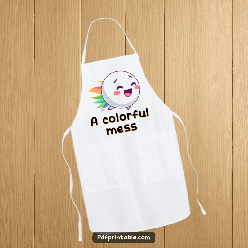 Funny apron adorned with a lively bouncy ball character leaving a colorful streak, perfect for kitchen adventures.