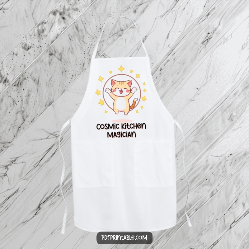 Funny cat jumping through a sparkling star hoop on an apron, making kitchen tasks a magical and humorous affair.