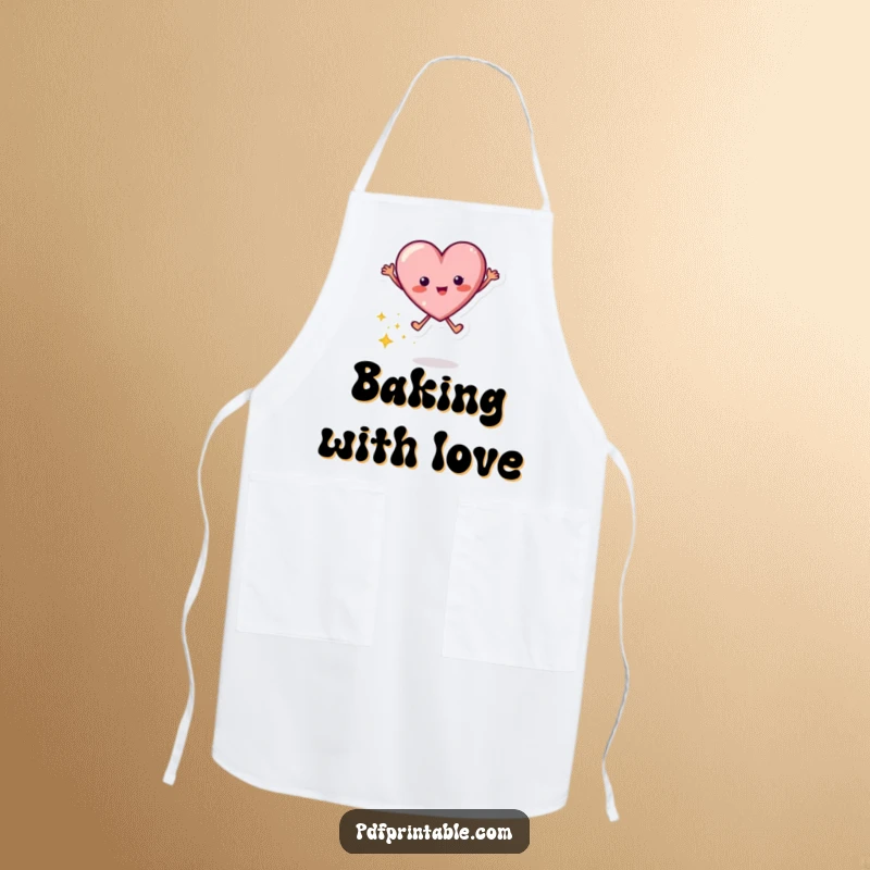 Funny apron adorned with a lively jumping heart character leaving a trail of bright sparkles, perfect for kitchen adventures.