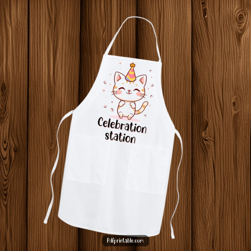 Funny kawaii cat wearing a party hat, celebrating with confetti, featured on this durable and cheerful apron for cooks.