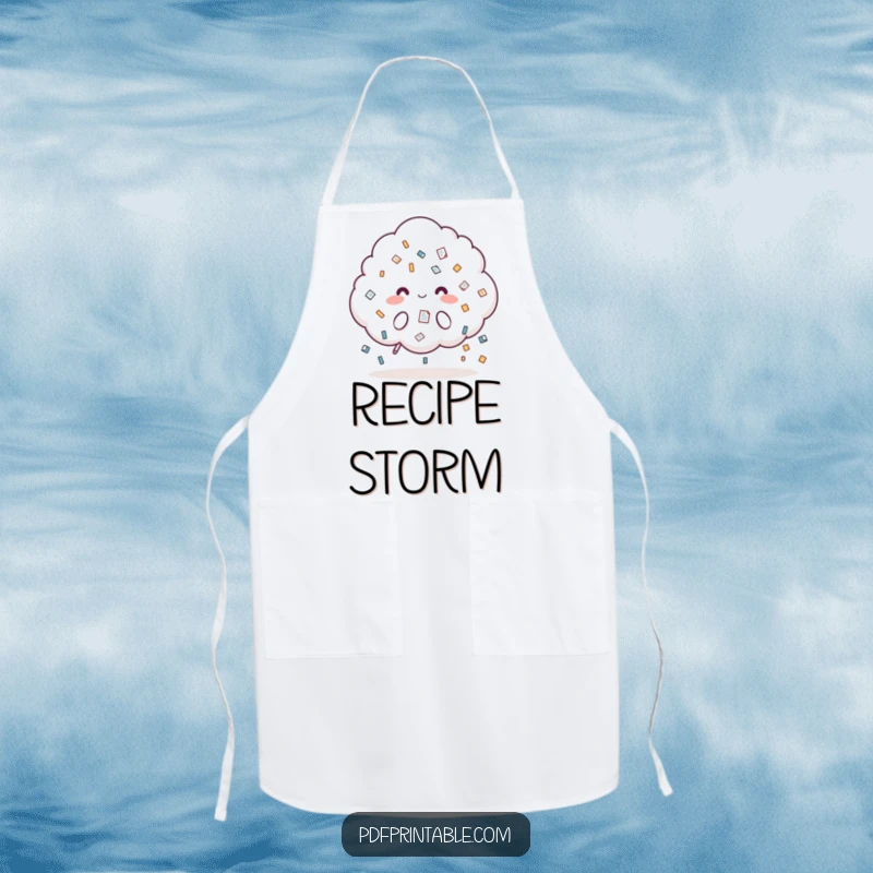 Funny Apron: Whimsical cloud character showering document icons, bringing playful office charm to cooking or crafting tasks.