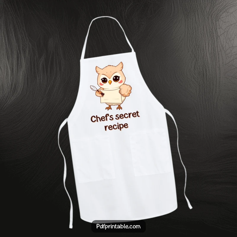 Funny Apron: A playful owl carrying a scroll and quill delivers wisdom, ideal for fun kitchen tasks and creative culinary pursuits.