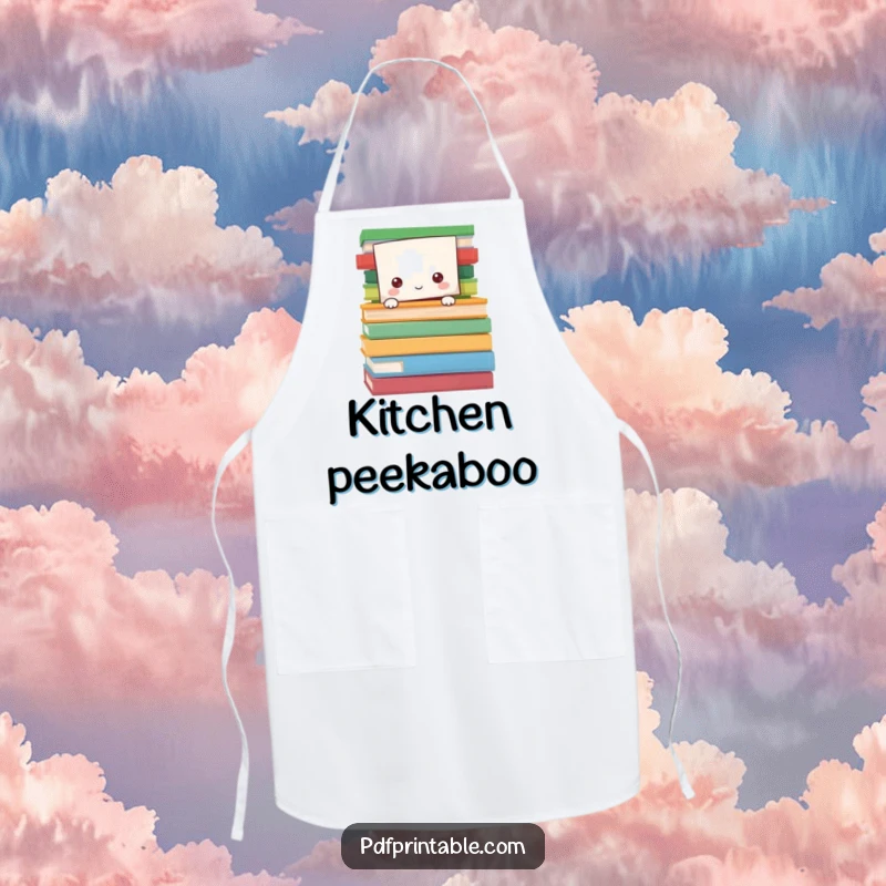 Funny Apron showing a paper character peeking from behind colorful book pages, perfect for readers who enjoy cooking or crafting.