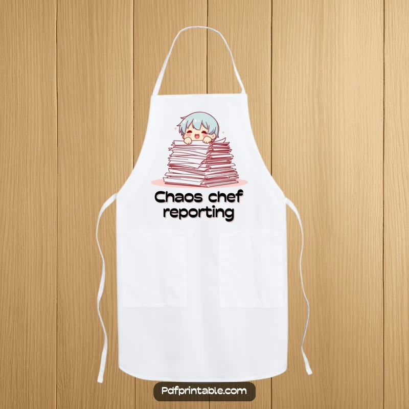 Funny apron print of a character comically falling out of a large stack of papers, ideal for cooking or crafting.