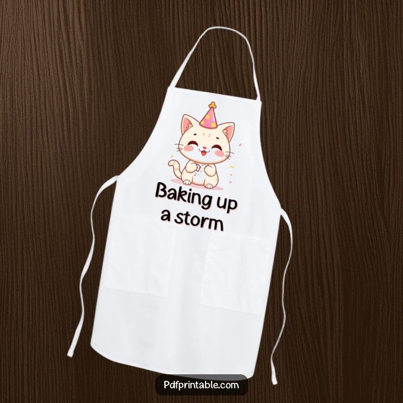 Funny cat character in a chef's hat, not a party hat, popping confetti over a mixing bowl, humorous cooking apron.