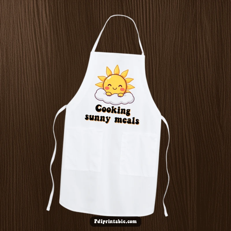 Funny Apron: A chef's apron featuring a smiling sun character peeking from a cloud, perfect for sunny kitchen adventures.