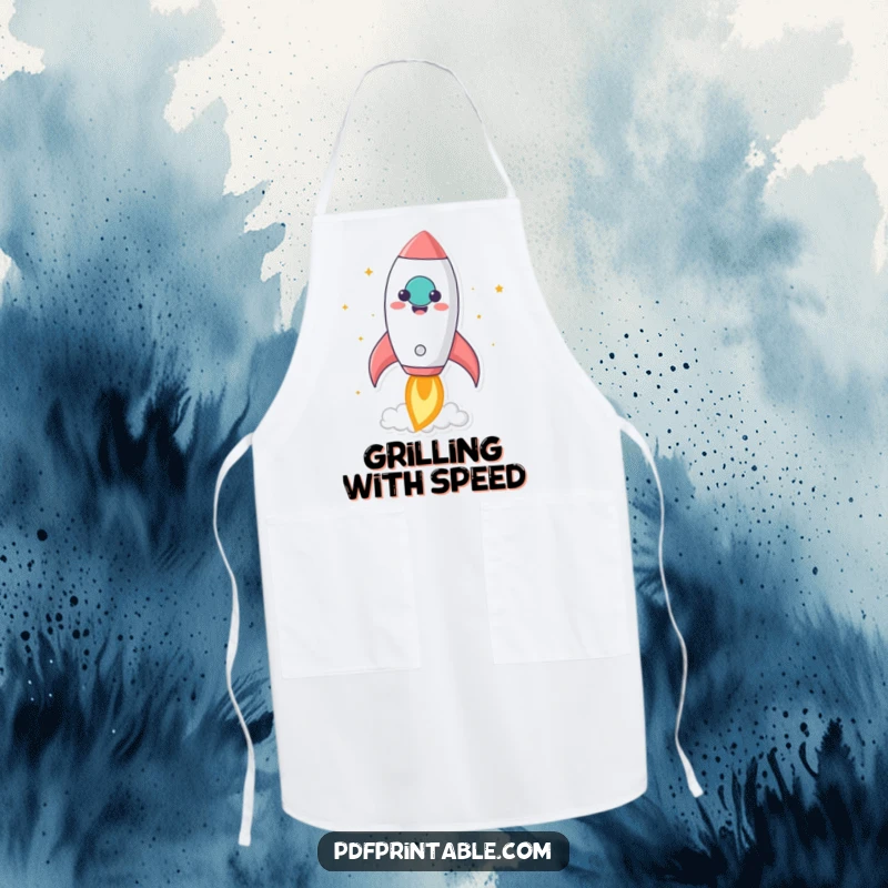 Funny kawaii rocket character blasting off from a smiling paper, featured on an apron for humorous and inspiring creativity.