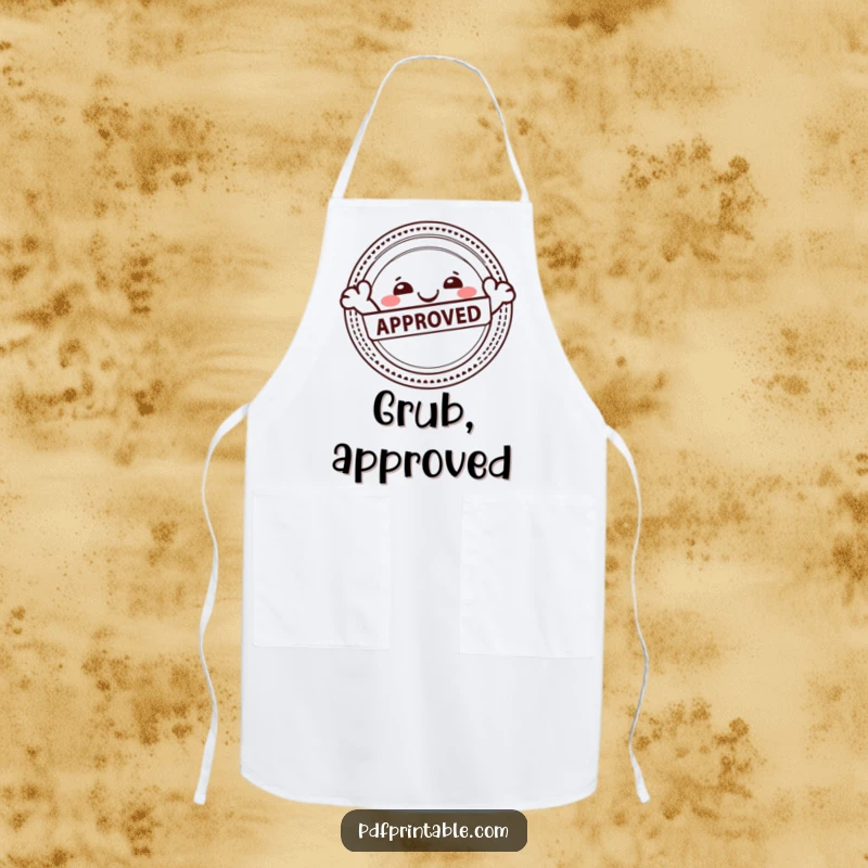 Funny apron with a happy character joyfully stamping an Approved seal, adding fun and official approval to kitchen tasks.