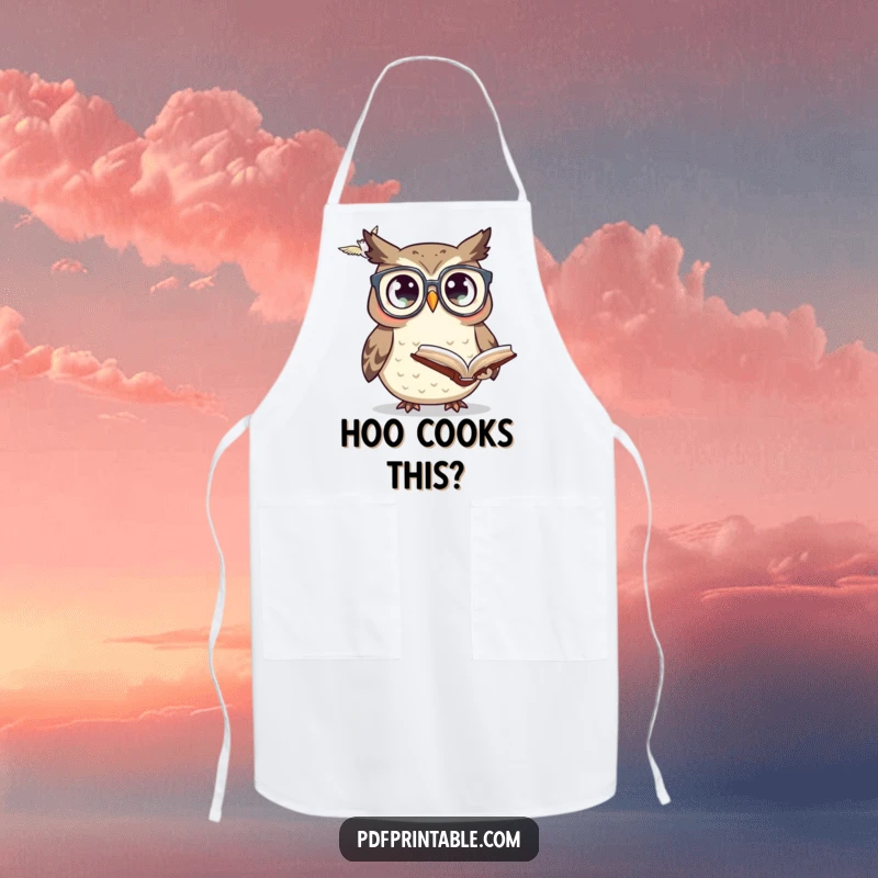 Funny owl wearing tiny glasses looking at a flying book on an apron, making cooking a hilariously learned activity.