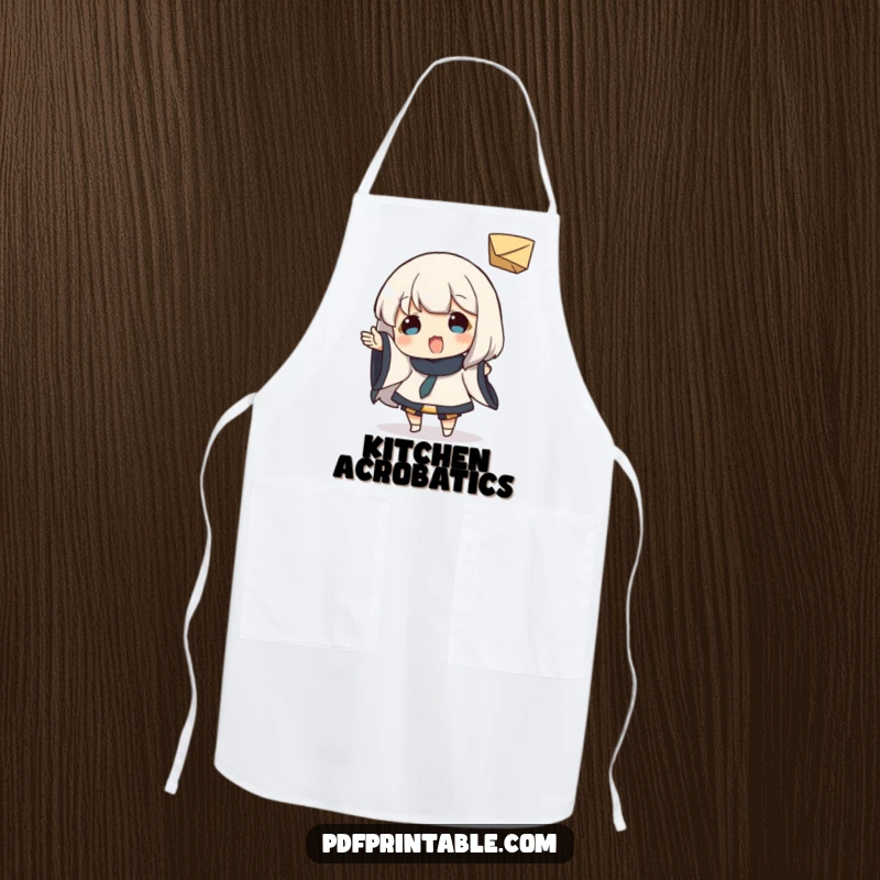 Funny Apron: Character playfully tossing a small folded paper object, a whimsical representation of kitchen fun, a unique funny gift.