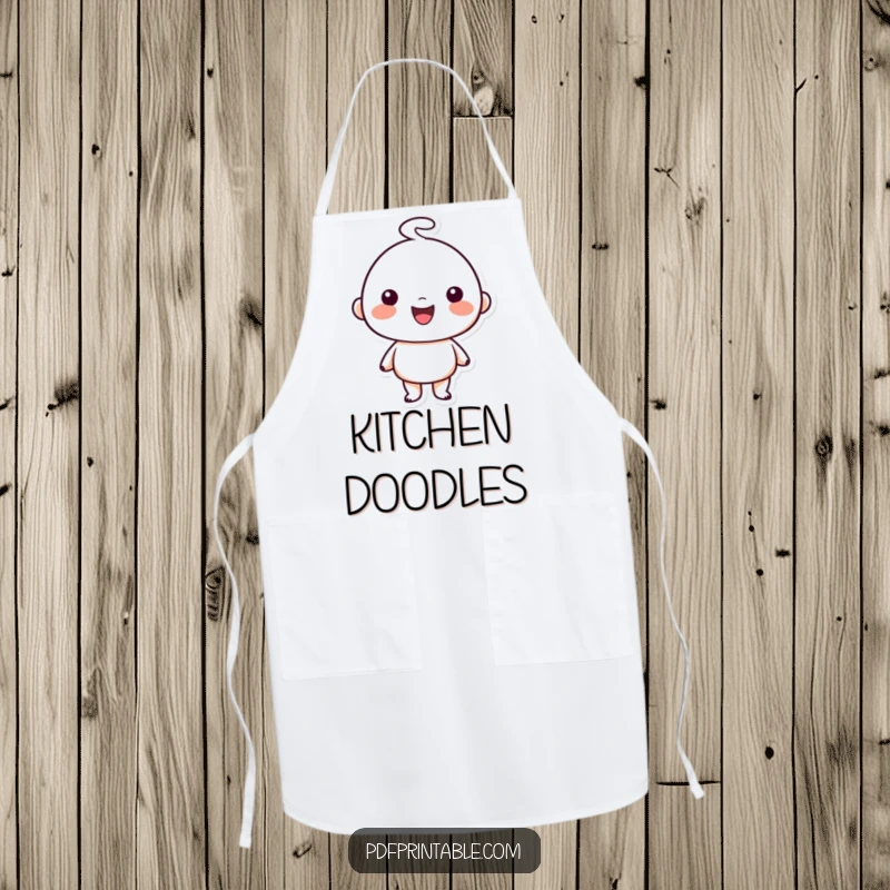 Funny Apron: Happy character proudly showing off a simple charming doodle artwork, a humorous take on artistic expression, a unique funny gift.