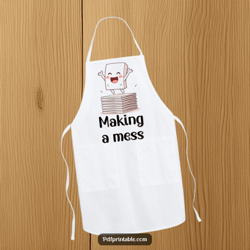 Funny Apron featuring a happy paper character leaping from papers. Stylish and humorous kitchen wear for the office escapee.