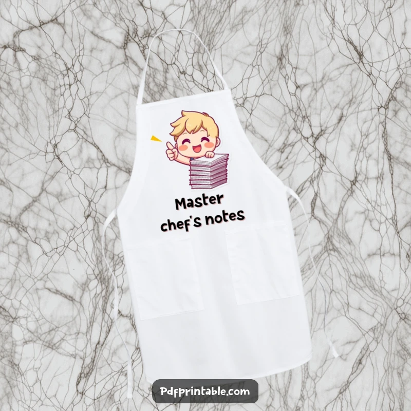 Funny Pointing Papers Apron showing a smiling character energetically pointing at a stack of papers, perfect for organized tasks.