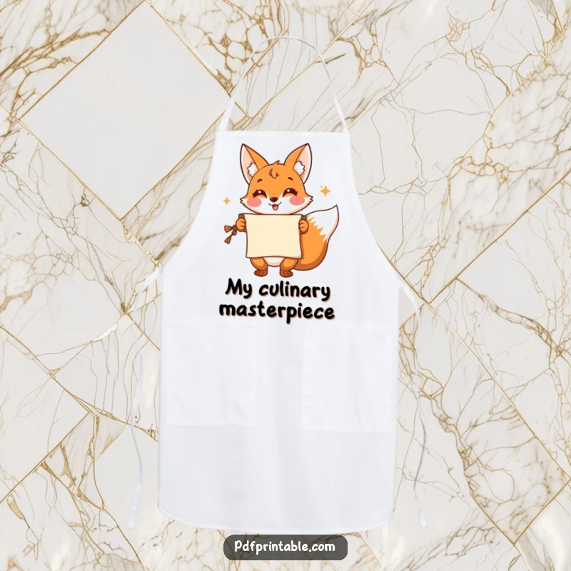 Funny Apron: A cheerful fox presents a scroll with a flourish, ideal for fun kitchen tasks and adding a touch of witty flair.