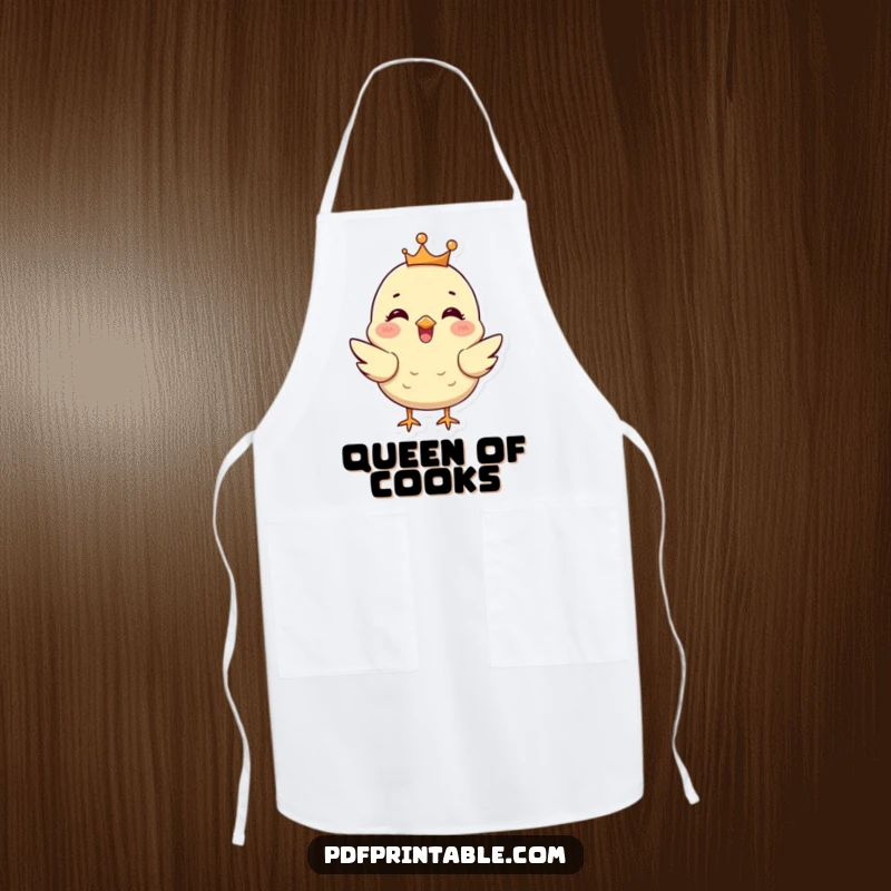 Funny Chick Apron: A happy chick wearing a tiny crown chirps, bringing regal humor to kitchen tasks.