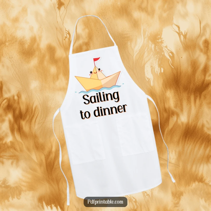 Funny Apron showcasing a cheerful paper boat sailing on a wavy line, perfect for a fun and humorous cooking experience.