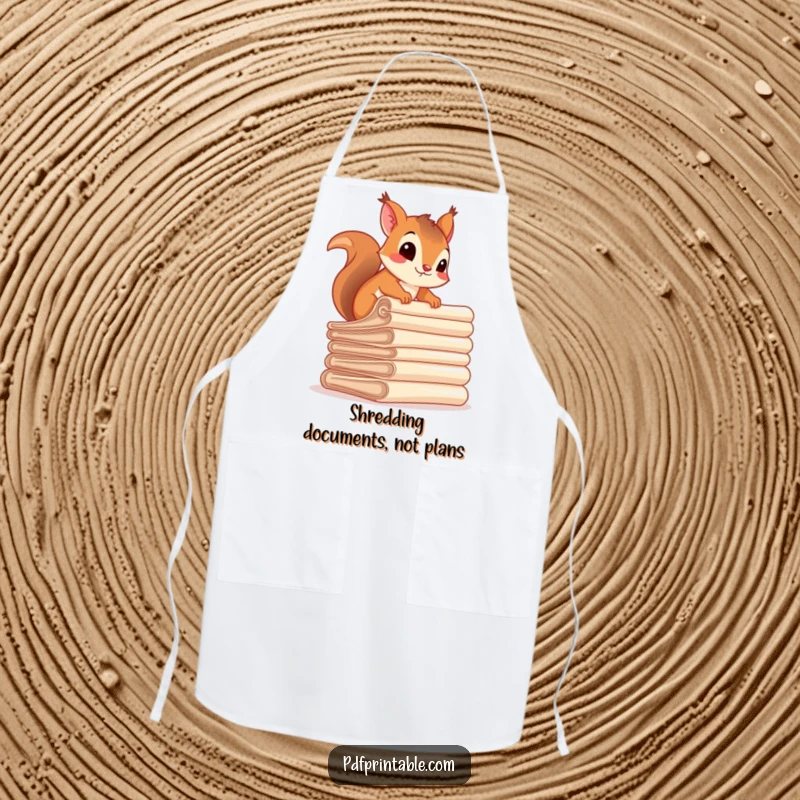 Funny squirrel character climbing a stack of rolled documents in a kitchen setting, wearing an apron, ideal funny gift.