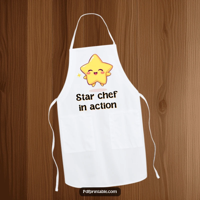 Funny Apron featuring a playful star character winking while drawing a sparkly trail in the kitchen.