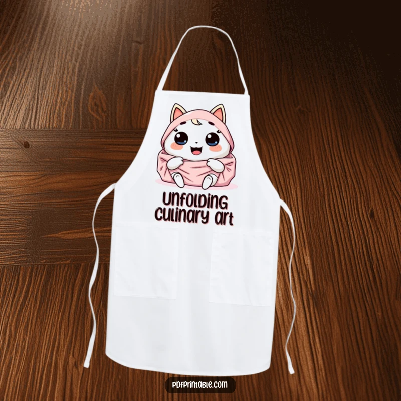 Funny Apron: Giggling Kawaii character joyfully unfolds a large, colorful design. A humorous and practical funny gift.
