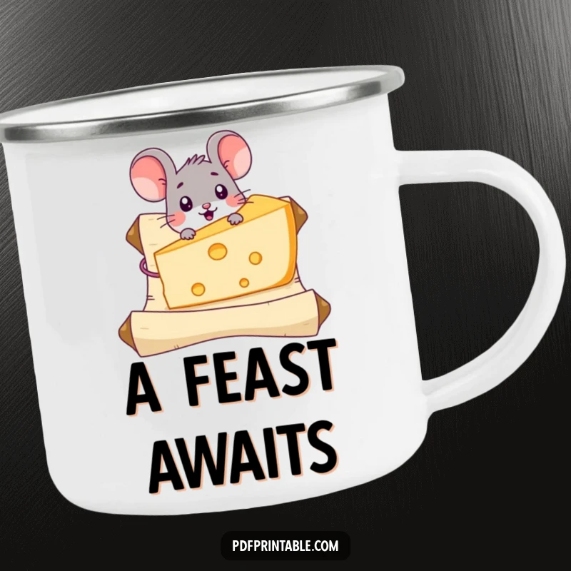Funny Mouse Cheese Camping Mug featuring a surprised mouse character discovering a giant piece of cheese on a scroll, ideal for outdoor beverages.