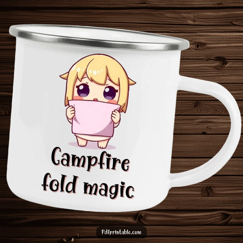 Funny Folded Shape Camping Mug featuring a character with a surprised expression holding up a perfectly folded shape, perfect for outdoor creativity.