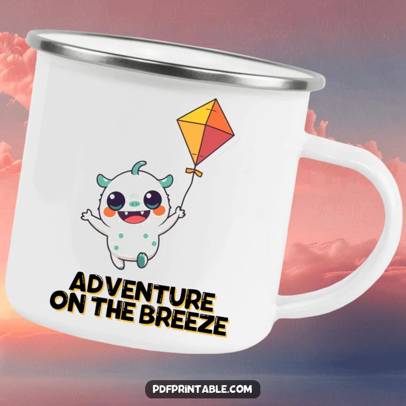 Funny Camping Mug: A sturdy mug with a cheerful monster character holding a colorful kite flying, perfect for outdoor fun.