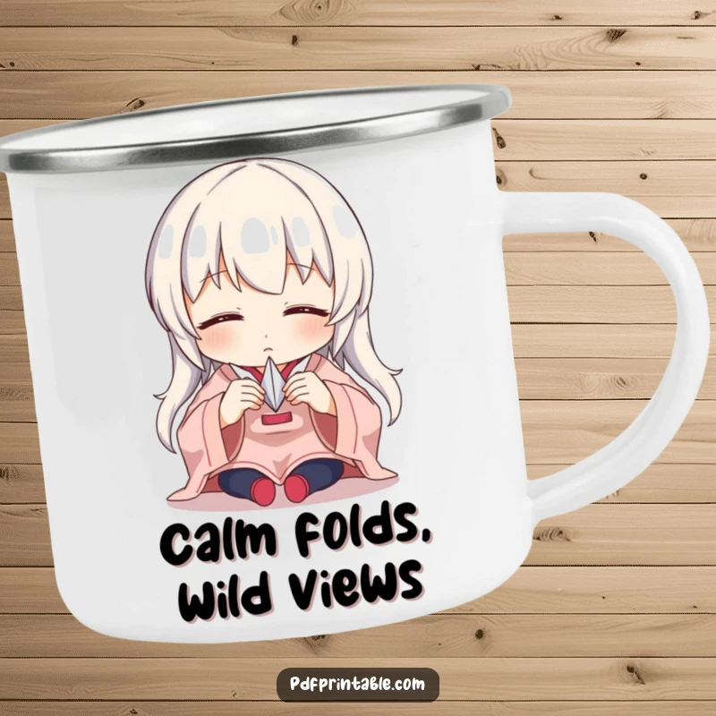 Funny Camping Mug showing a character with intense focus, carefully folding a tiny paper crane, perfect for outdoor artists.