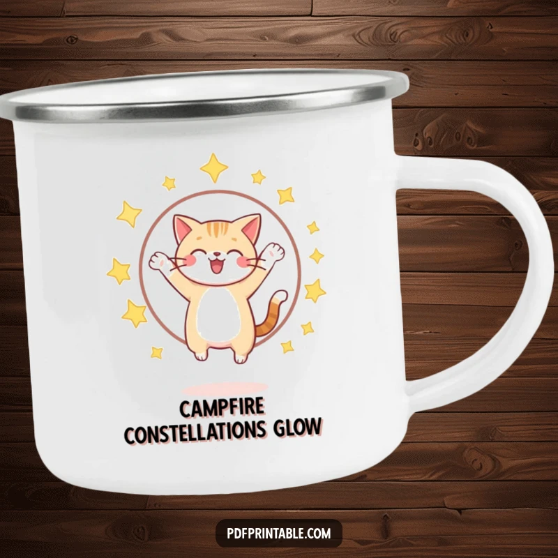 Funny cat jumping through a sparkling star hoop on a camping mug, ready for magical outdoor coffee breaks.
