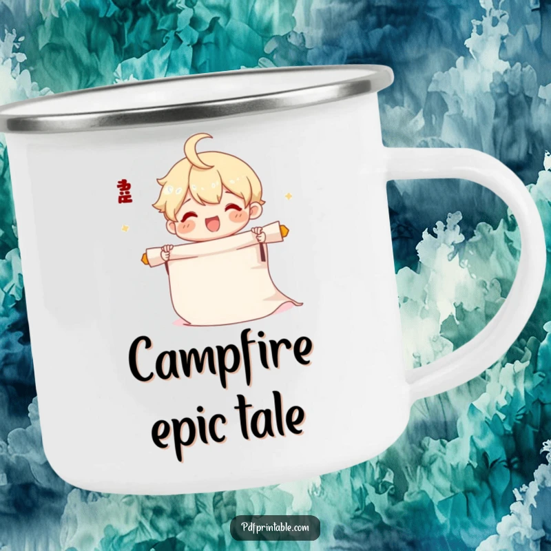 Funny Scroll Camping Mug featuring a cute character joyfully unrolling a long scroll, perfect for outdoor creativity.