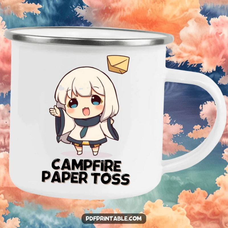 Funny Camping Mug: Character playfully tossing a small folded paper object, evoking outdoor fun and lightheartedness, a sturdy funny gift.