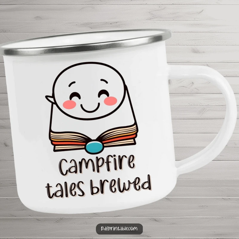 Funny Camping Mug: A sturdy mug with a happy book character and a smiling speech bubble, perfect for outdoor reading.