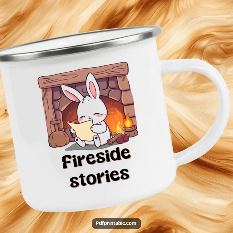 Funny Camping Mug: A content rabbit reads by a cozy fireplace, perfect for outdoor brews and bringing a sense of homey comfort.