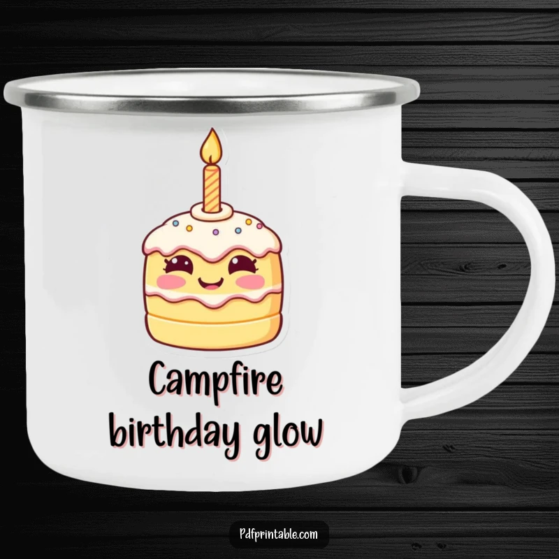 Funny birthday camping mug featuring a tiny, smiling cake character with a birthday candle, ideal for outdoor celebrations.