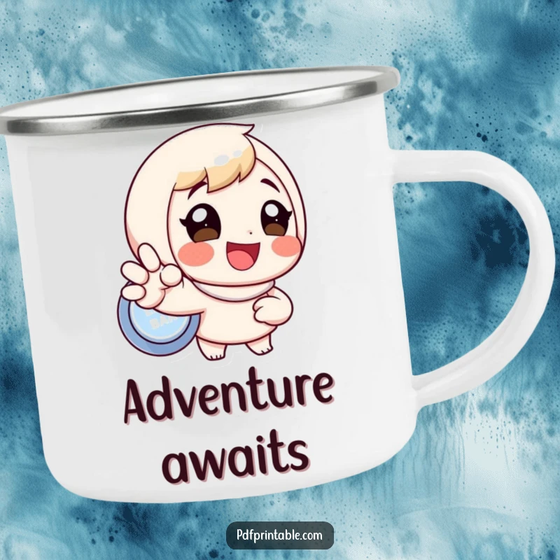 Funny camping mug featuring an eager character about to press a button, perfect for outdoor adventures and early mornings, a cool funny gift.