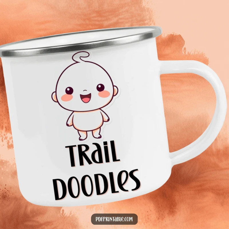 Funny Camping Mug: Happy character proudly displaying a simple charming doodle artwork, evoking outdoor creativity and joy, a sturdy funny gift.
