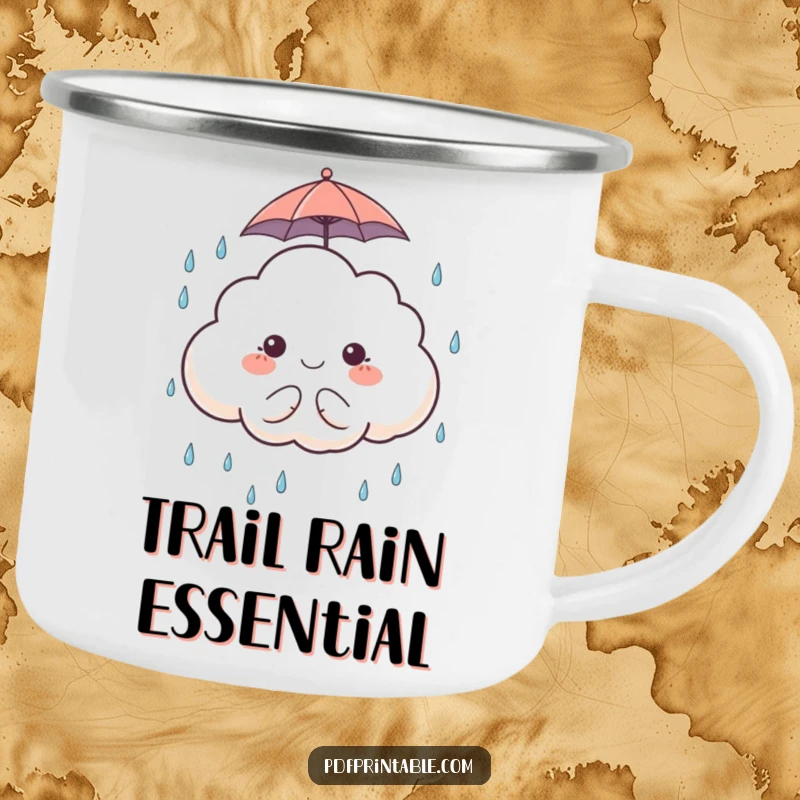 Funny Camping Mug: A sturdy mug with a cute cloud character holding an umbrella and catching raindrops, perfect for outdoor comfort.