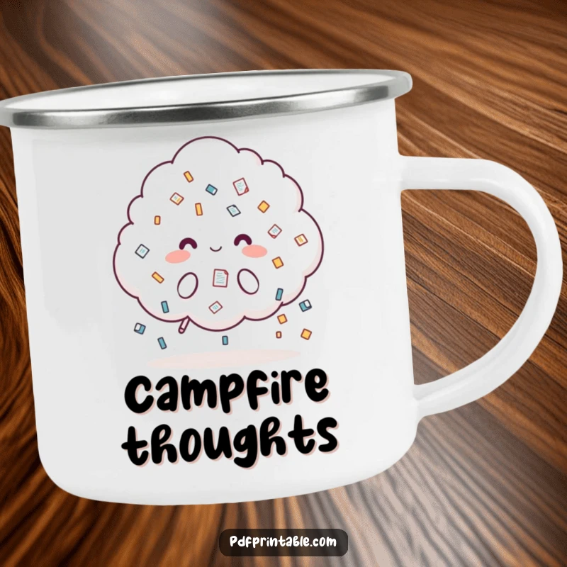 Funny Camping Mug: Cloud character raining document icons, ideal for outdoor work sessions, combining practicality with office humor.
