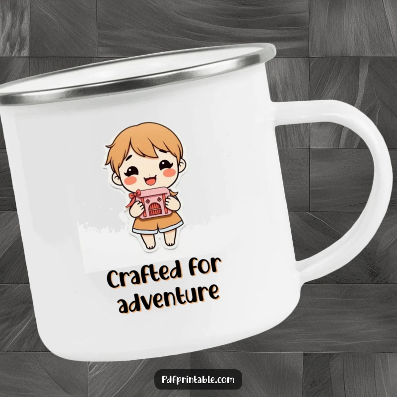 Funny Camping Mug featuring a smiling character proudly holding an intricate, finished paper craft, perfect for outdoor crafters.