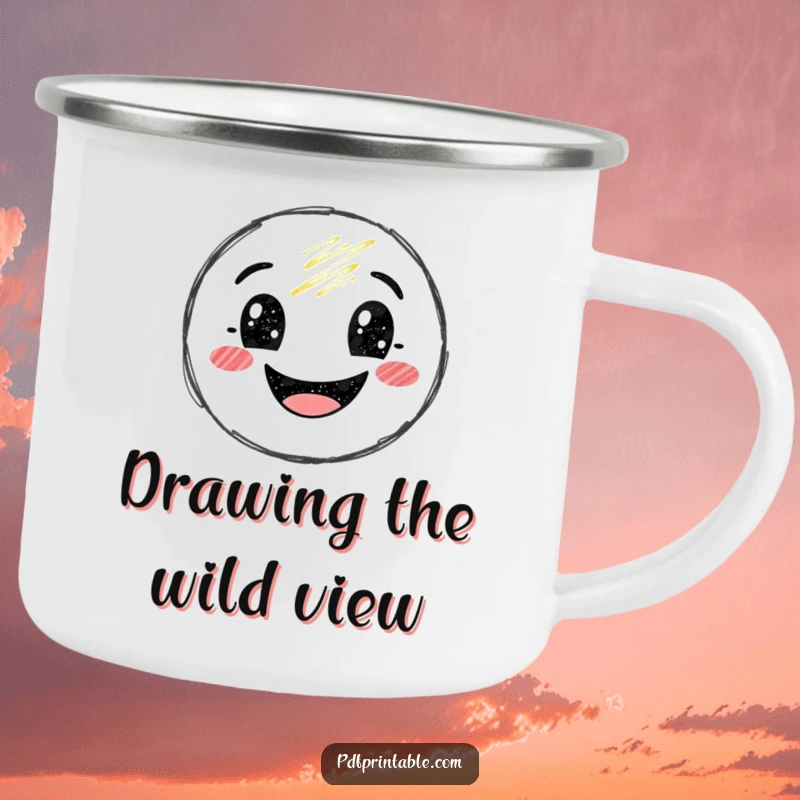 Funny Camping Mug featuring a smiling crayon character drawing a happy smile, perfect for outdoor enthusiasts who appreciate art.